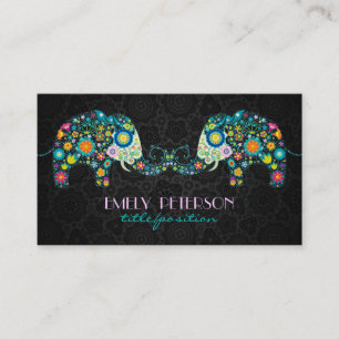 Colourful Retro Floral Elephants & Black Damasks Business Card