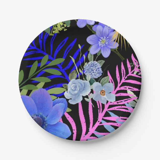 Colourful Retro Floral Fern Botanical Foliage  Paper Plate (Front)