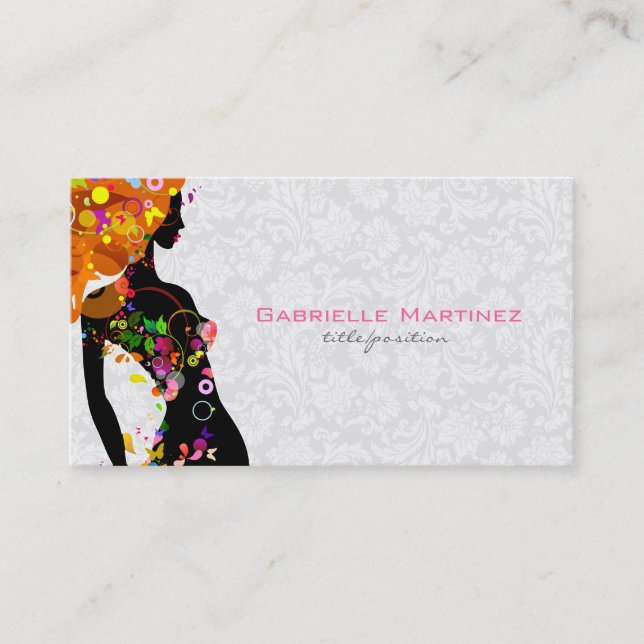 Colourful Retro Floral Girl & White Floral Damask Business Card (Front)