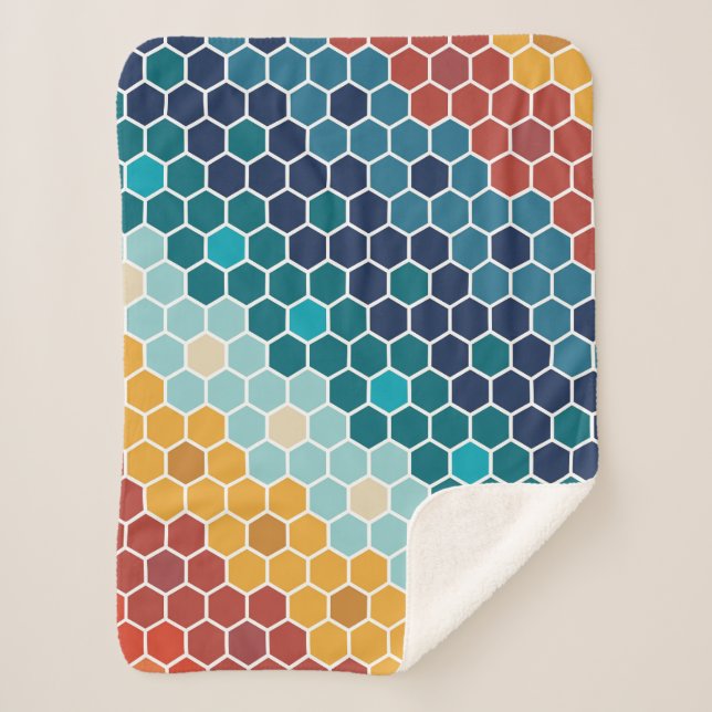 Colourful Retro Floral Mosaic Hexagon Pattern Sherpa Blanket (Front)