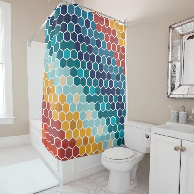 Colourful Retro Floral Mosaic Hexagon Pattern Shower Curtain (In Situ)