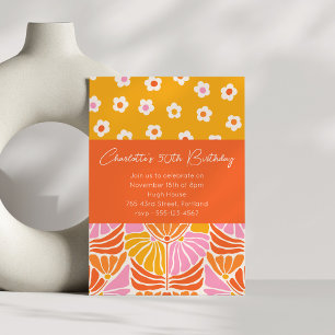 Colourful Retro Floral Orange 50th Birthday Party Invitation
