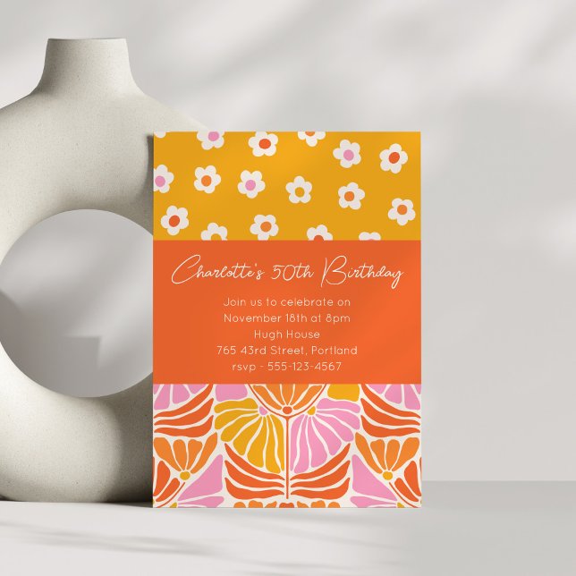 Colourful Retro Floral Orange 50th Birthday Party  Invitation (Creator Uploaded)