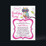 Colourful Retro Floral Owl Kids Birthday Party Invitation<br><div class="desc">A lovely retro illustration of a bright tawny owl in bright colourful blue, yellow and red-orange and hot pink colours and floral patterns. This hot pink invitation is perfect for a fun, bright and girly birthday. If you like this invitation but may want some changes, please click the 'contact' button....</div>