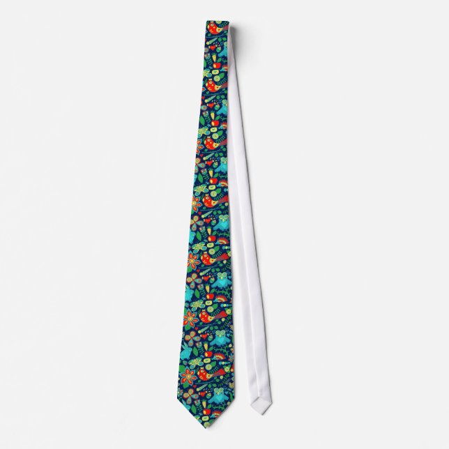 Colourful Retro Floral Owls Pattern Tie (Front)