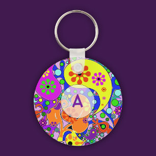 Colourful Retro Floral Paisley Purple Initial Key Ring