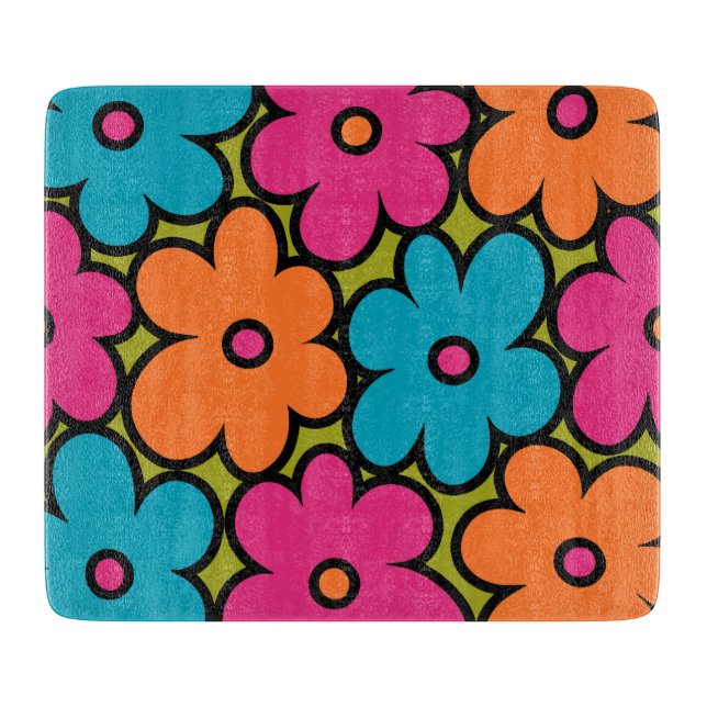 Colourful Retro Floral Pattern Cutting Board (Front)