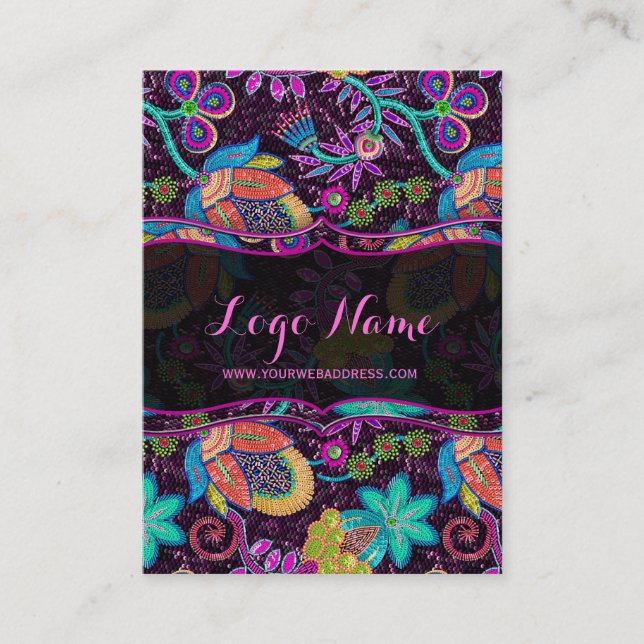 Colourful Retro Floral Pattern Faux Beads Business Card (Front)