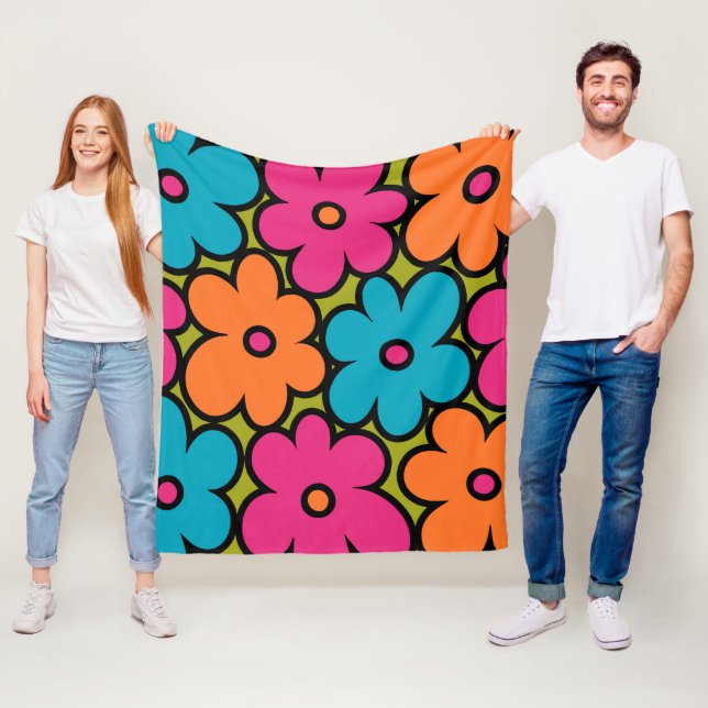 Colourful Retro Floral Pattern Fleece Blanket (In Situ)