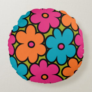 Colourful Retro Floral Pattern Round Cushion