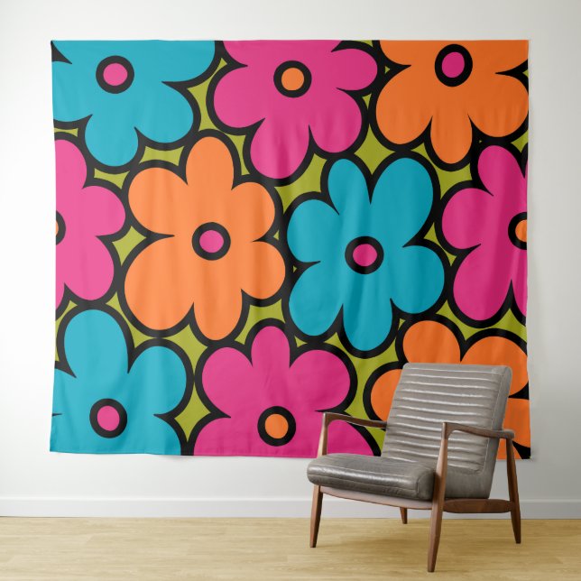 Colourful Retro Floral Pattern Tapestry (In Situ (Horizontal))