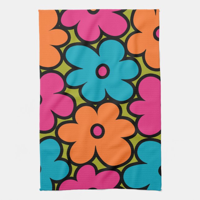 Colourful Retro Floral Pattern Tea Towel (Vertical)