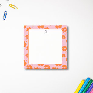 Colourful Retro Floral Pink and Orange Monogram Post-it Notes