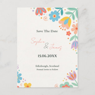 Colourful Retro Floral Save the Date Postcard