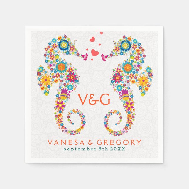 Colourful Retro Floral Sea Horses Napkin (Front)