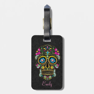 Colourful Retro Floral Sugar Skull Luggage Tag