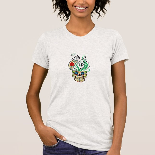 Colourful Retro Floral Sugar Skull Red Roses T-Shirt (Front)