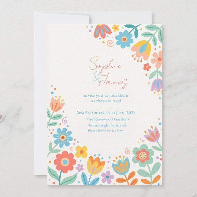 Colourful Retro Floral Wedding Invitation (Front)