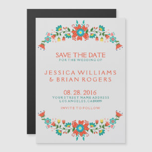 Colourful Retro Floral Wreath Save the Date Magnetic Invitation