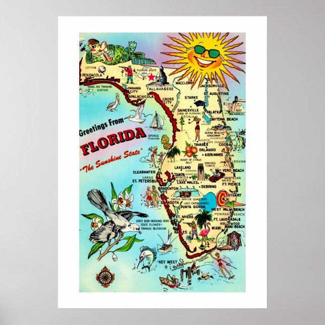 Colourful Retro Florida 20x28 Map Print (Front)