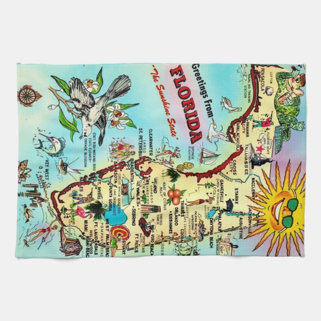 Colourful Retro Florida Map  Tea Towel (Horizontal)