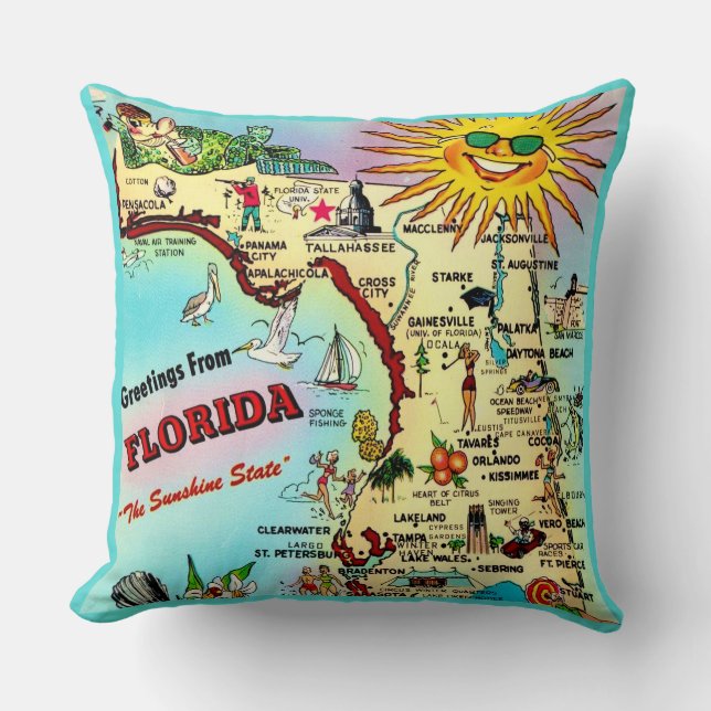 Colourful Retro Florida Map Throw Pillow (Front)