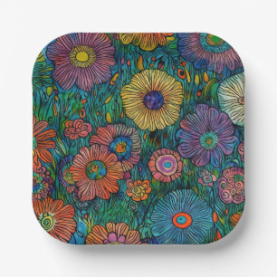 Colourful Retro Flower Garden Paper Plate