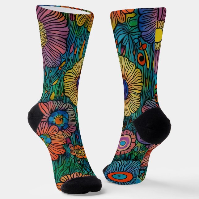Colourful Retro Flower Garden Socks (Angled)