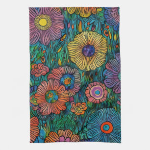 Colourful Retro Flower Garden Tea Towel