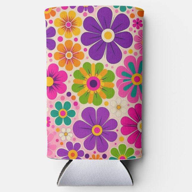 Colourful Retro Flower Pattern floral  Seltzer Can Cooler (Front)