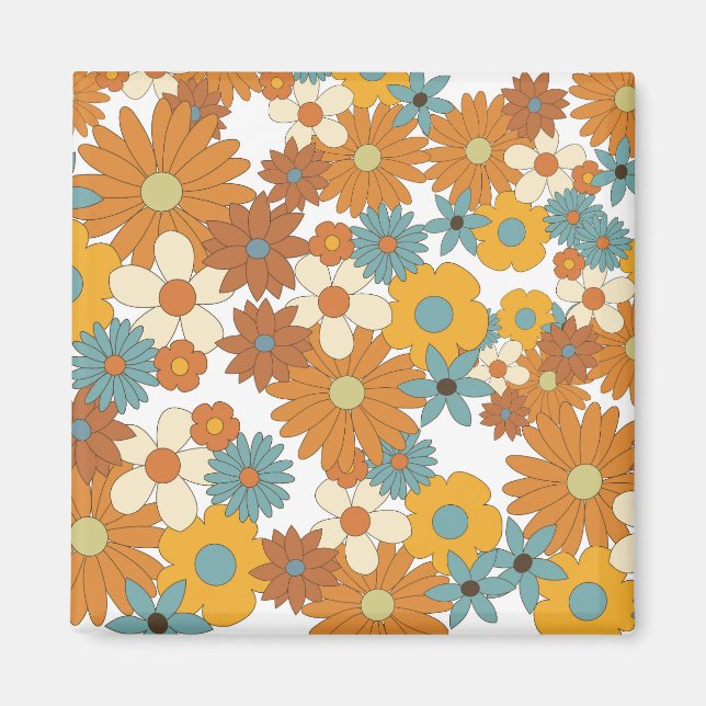 Colourful Retro Flower Pattern Magnet (Front)