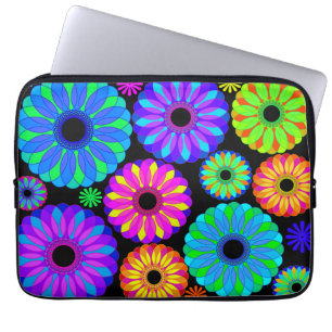 Colourful Retro Flower Patterns on Black Backgroun Laptop Sleeve