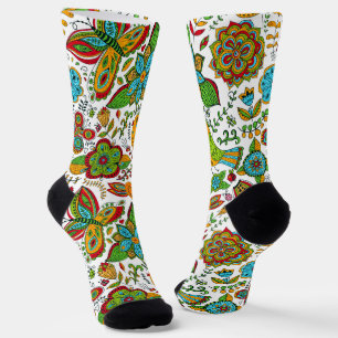 Colourful retro flowers and butterflies pattern socks