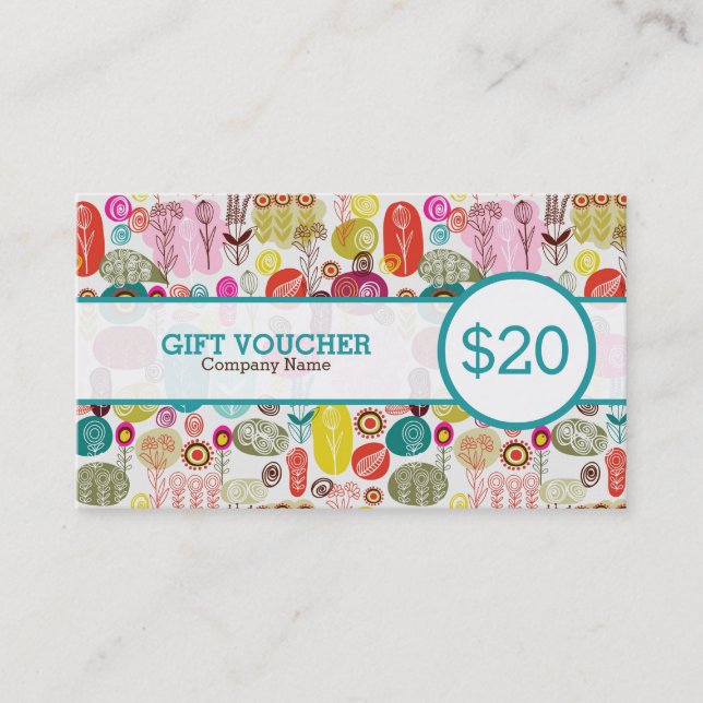 Colourful Retro Flowers Custom Voucher Discount Card (Front)