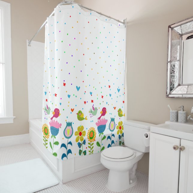 Colourful retro flowers & cute birds shower curtain (In Situ)