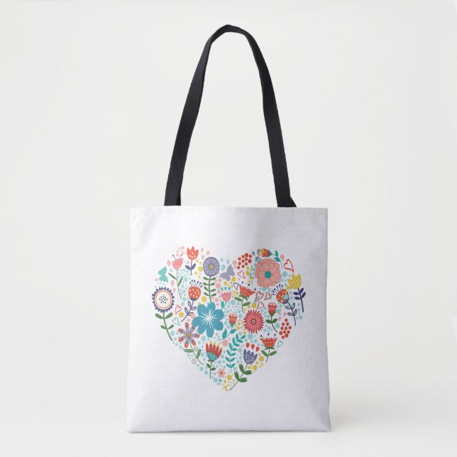 Colourful Retro Flowers Cute Heart Illustration Tote Bag (Front)
