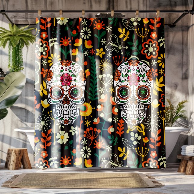 Colourful Retro Flowers & Floral Sugar Skull Shower Curtain (Creator Uploaded)
