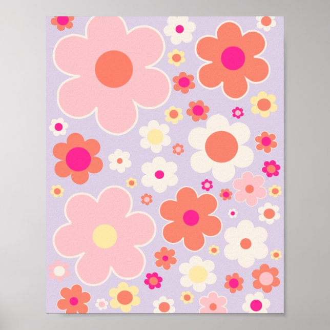 Colourful Retro Flowers Lilac Pink White Orange Poster (Front)