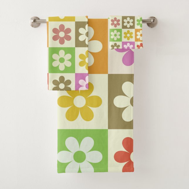 Colourful Retro Flowers on Chequerboard Pattern  Bath Towel Set (Insitu)