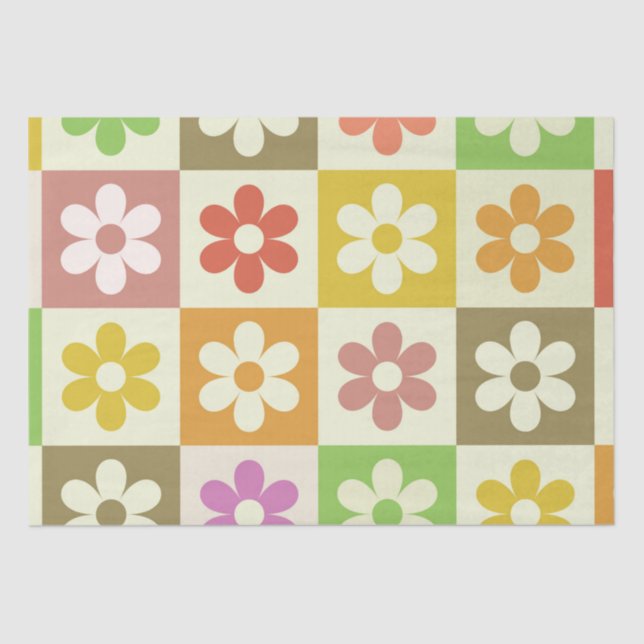 Colourful Retro Flowers on Chequerboard Pattern  Tissue Paper (Front)