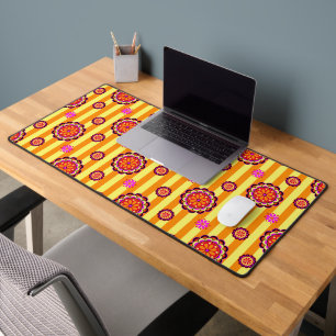Colourful Retro Flowers on Stripes Desk Mat