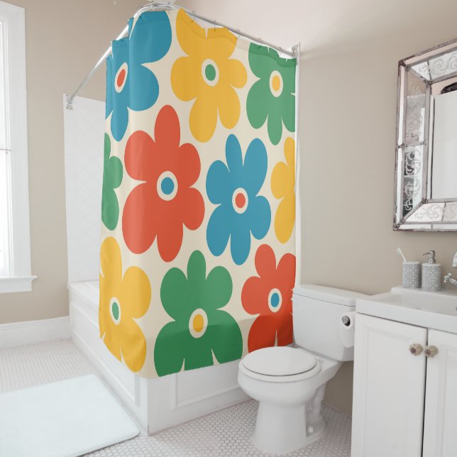 Colourful Retro Flowers Pattern Shower Curtain (In Situ)
