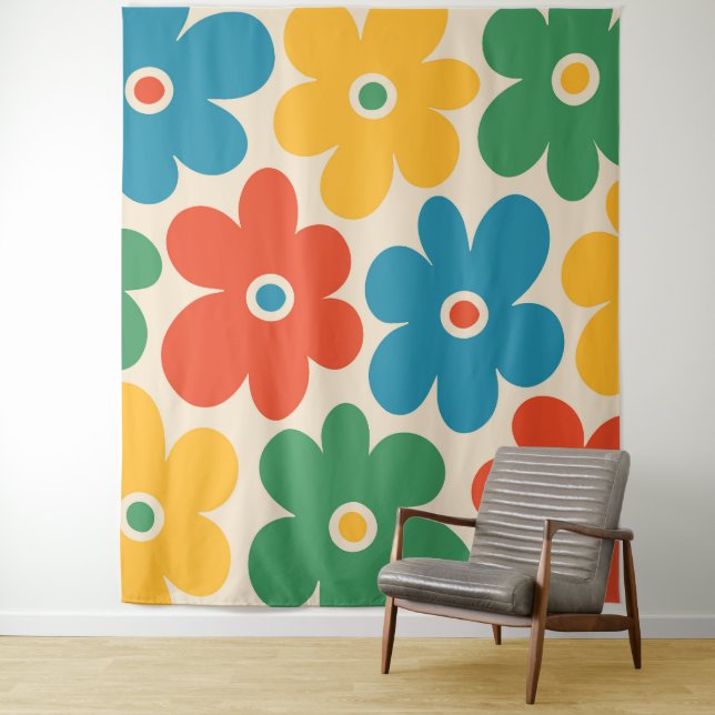Colourful Retro Flowers Pattern Tapestry (In Situ)