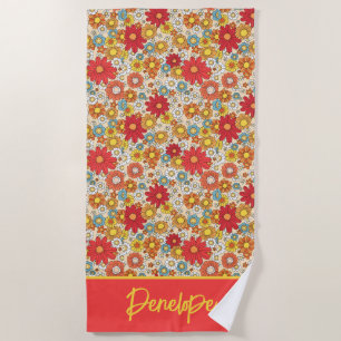 Colourful Retro Flowers - Personalised  Beach Towel