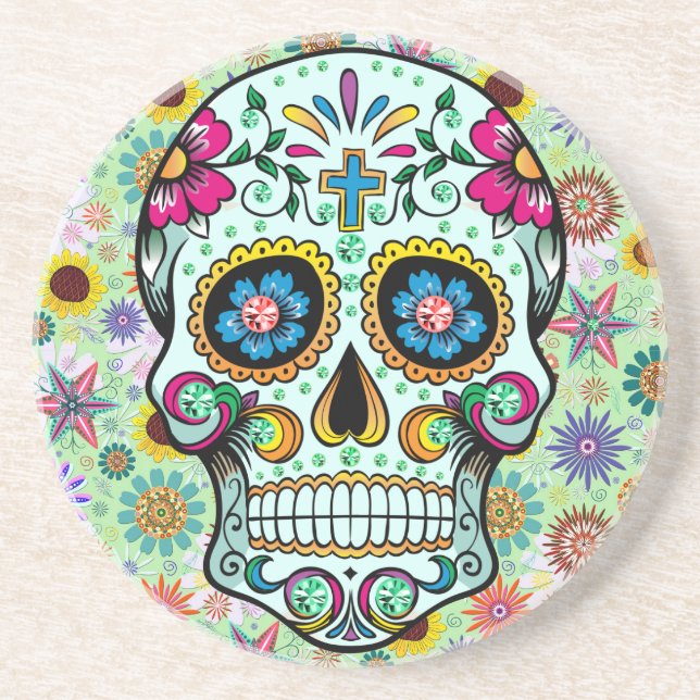 Colourful Retro Flowers Skull 3 Coaster (Front)