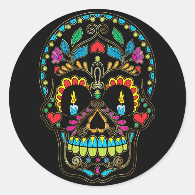 Colourful Retro Flowers Sugar Skull Classic Round Sticker (Front)