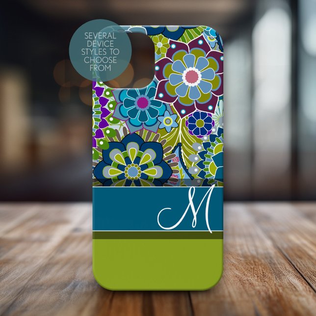Colourful Retro Flowers with Monogram (Personalized Phone Case with Huge Monogram)