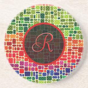 Colourful Retro Geometric Pattern-Monogram Coaster