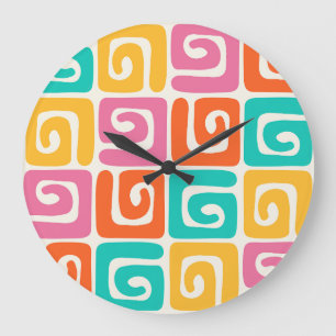 Colourful Retro Geometric Swirls and Bold Vintage Large Clock