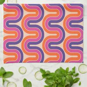 Colourful Retro Geometric Wave Design Tea Towel